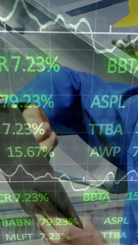 Vertical video: Data overlay appearing, tech tapping and tilting tablet along Stock Footage 334600743