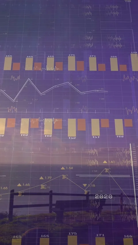 Vertical video: Data overlay fading in, bar charts rising across sea, showing Stock Footage 333486986