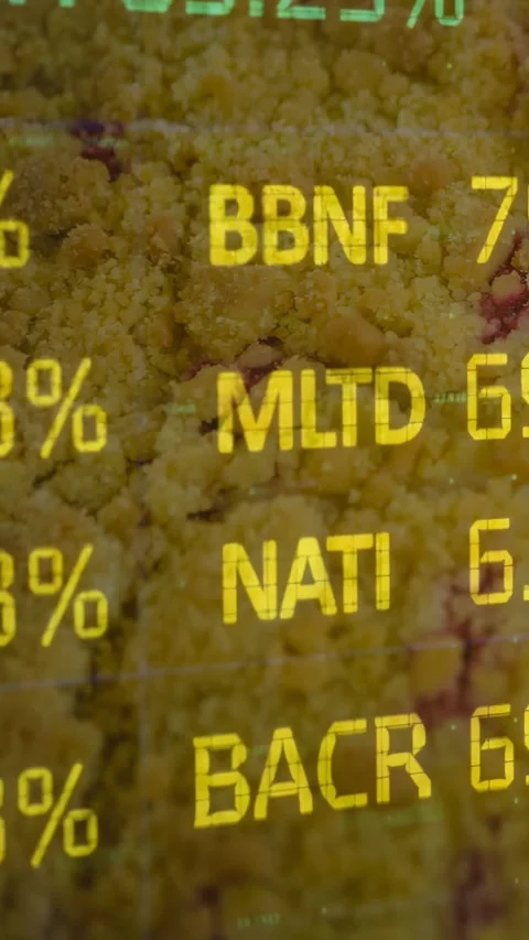 Vertical video: Data overlay scrolling over crumbly yellow surface, updating Stock Footage 332747511