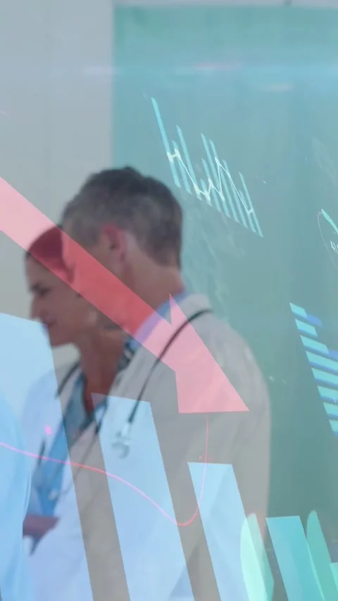 Vertical video: Data overlay showing over medical staff walking hall, checking Stock Footage 331334073