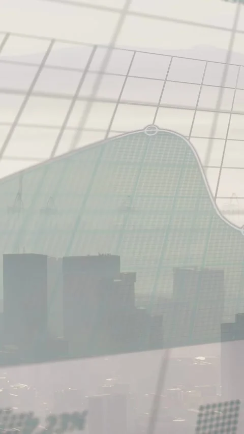 Vertical video: Data overlay sliding over fog, growing teal charts and percent Stock Footage 332594701