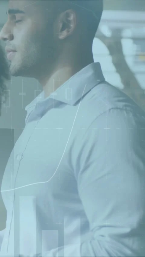 Vertical video: Data overlays arising across male pro turning right while Stock Footage 333005987