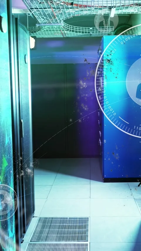 Vertical video: On data ping, server rack, blue cabinet emitting HUD rings, Stock Footage 333020495