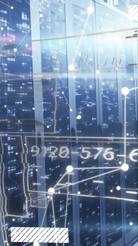 Vertical video: Data ping starting racks animating nodes, sliding bars, flowing Stock Footage 331721386