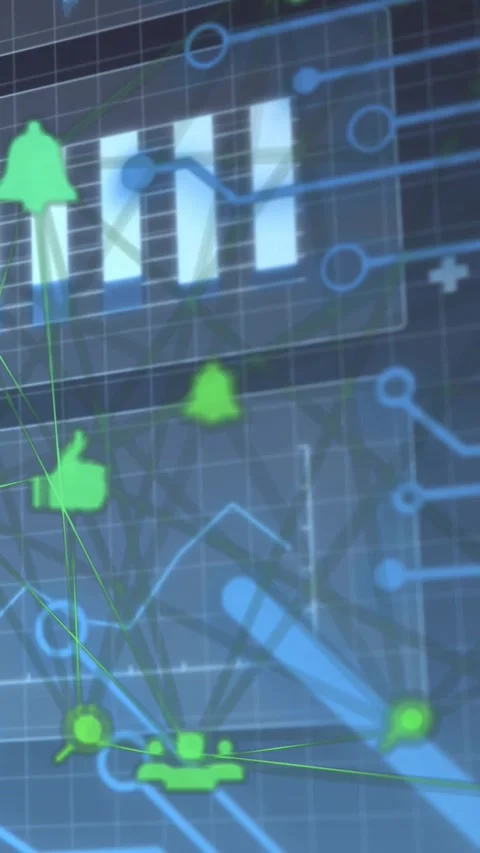 Vertical video: Data pinging hub sending lines, icons drifting, chart moving, 스톡 동영상 328633049