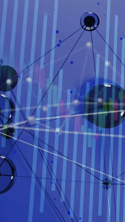 Vertical video: Data pinging nodes shifting bars, pulsing lines, drifting dots, Stock Footage 332747813