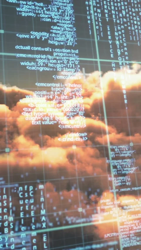 Vertical video: On data pulse amber clouds with blue code teal grid pulsing Stock Footage 348566479