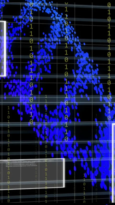 Vertical video: On data pulse blue points forming arch, code UI sliding, binary Stock Footage 334770823