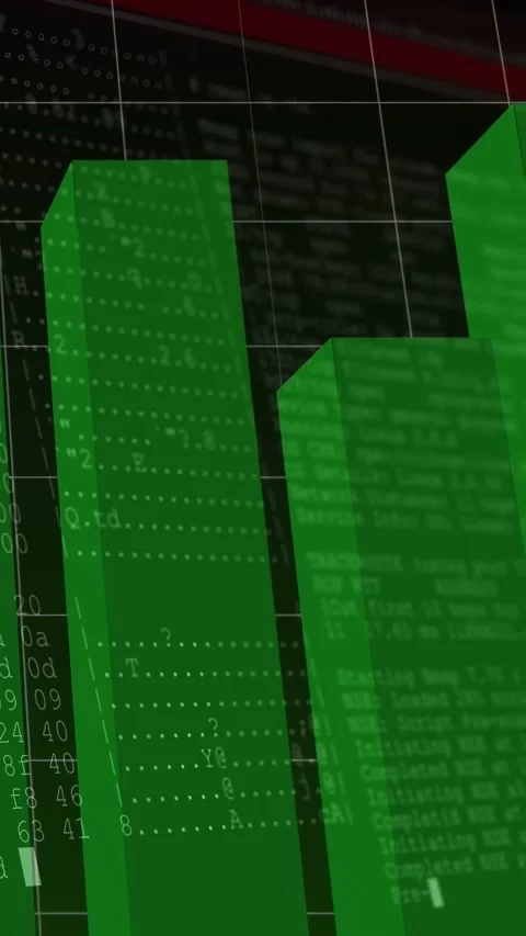 Vertical video: On data pulse green 3D bars rising while bright polyline Stock Footage 332775597