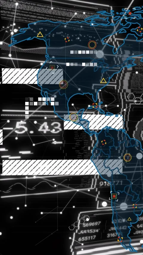 Vertical video: Data pulse initiating blue Americas map animating with panels Stock Footage 329552493