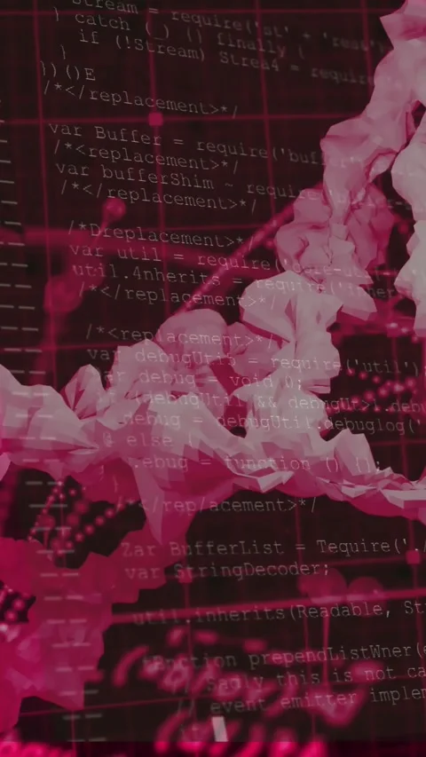 Vertical video: On data pulse magenta ribbons rotating revealing code overlay, Stock Footage 330332426