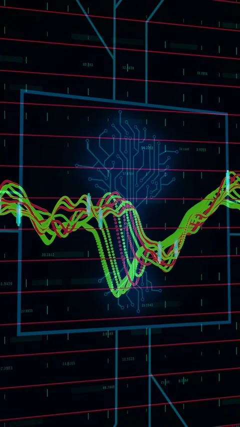 Vertical video: On data pulse neon waveforms sliding, pulsing circuit-tree, Stock Footage 332939519