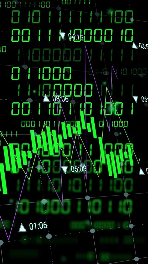 Vertical video: On data pulse, neon candles shifting and tracing lines, showing Stock Footage 335802643