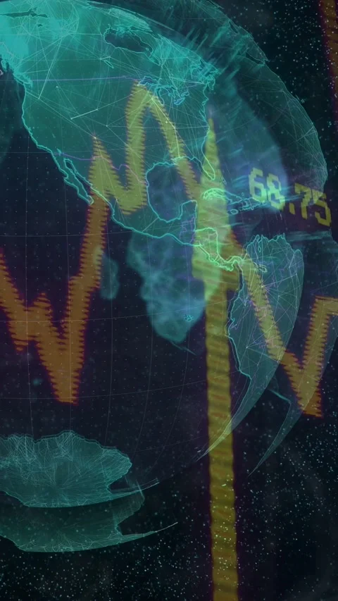 Vertical video: On data pulse orange waveform peaking over Americas as teal Stock Footage 334296457