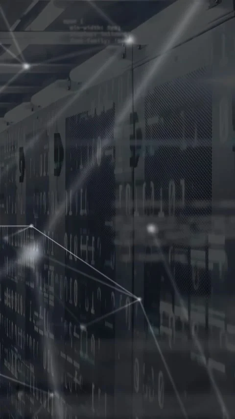 Vertical video: On data pulse, racks animating mesh, nodes pulsing, parallax Vídeo Stock 332594864