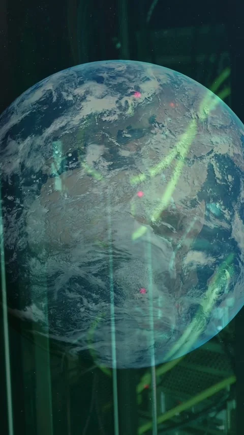 Vertical video: Data pulse sending holo globe showing green ribbons red nodes Stock Footage 332806394