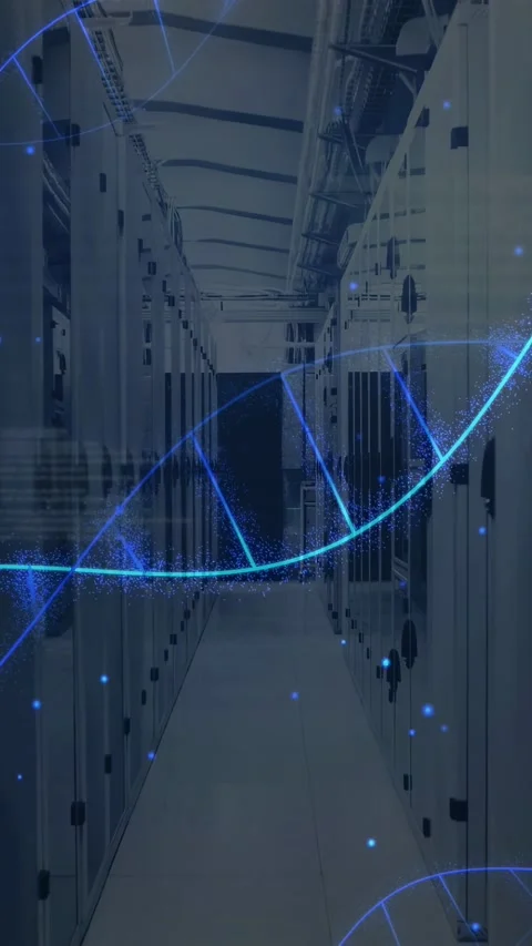 Vertical video: Data pulse starting blue helix sweeping across server aisle, Stock Footage 332594989