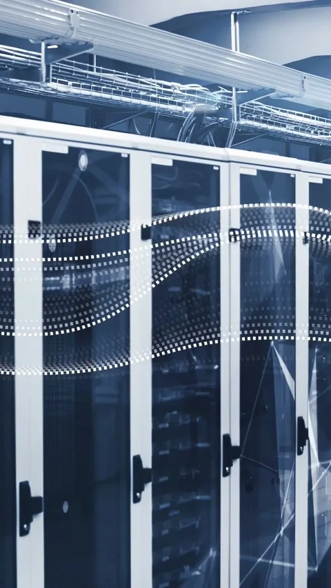 Vertical video: Data pulse starting dot wave crossing glass racks, showing Stock Footage 333174857