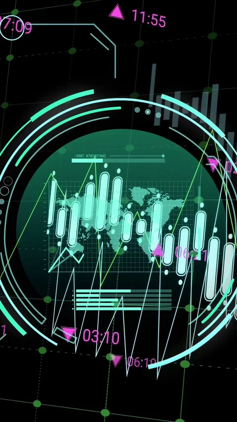 Vertical video: Data pulse starting HUD tracing lines, growing candles, updating Stock Footage 335802642
