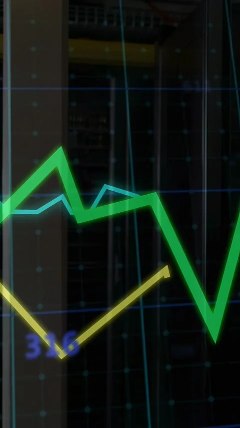 Vertical video: On data pulse three lines moving over racks green dipping then Stock Footage 340133337