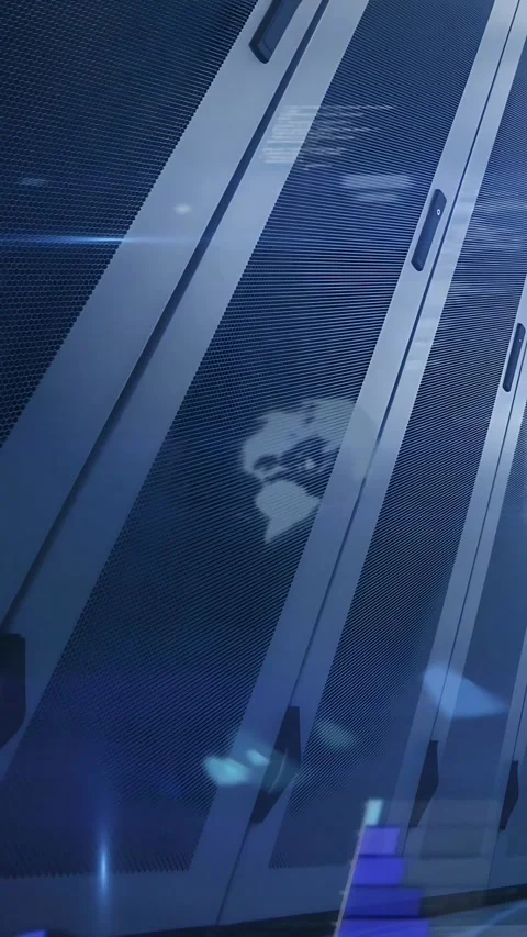Vertical video: On data pulse, vented metal panels showing globe blue dots Stock Footage 333006179