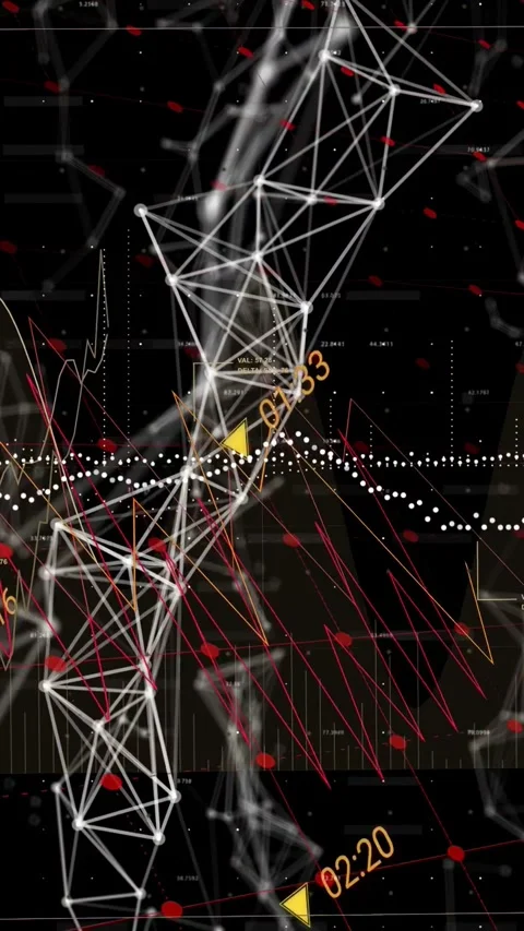 Vertical video: On data pulse white lattice twisting while yellow markers moving Stock-Footage 334917046