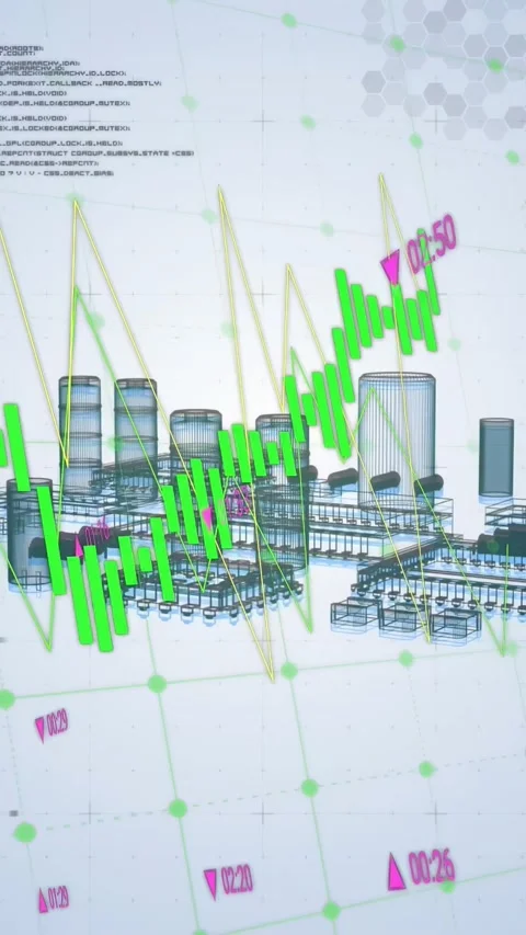 Vertical video: On data pulse wireframe model and green candles sweeping grid to Stock Footage 335263932