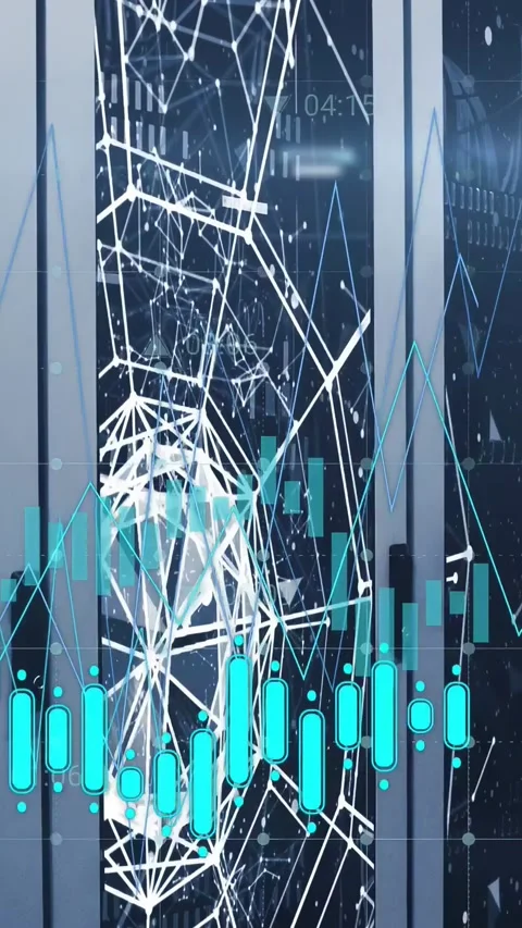Vertical video: Data racks getting stream showing globe on glass, pulsing bars, Stock Footage 332806821