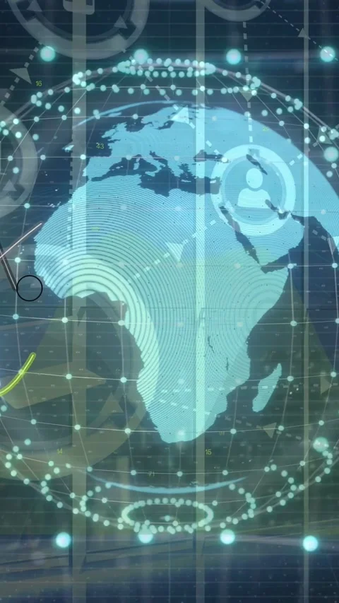 Vertical video: On data refresh teal holo globe rotating west, pulsing nodes 動画素材 334917008