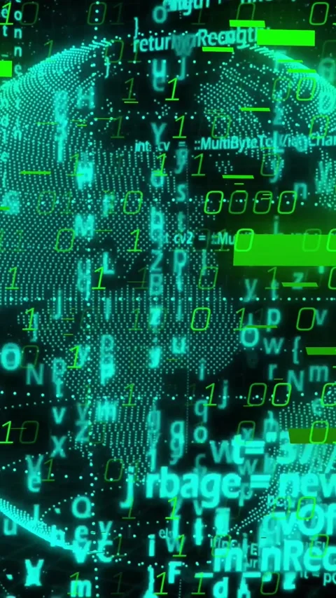 Vertical video: On data spike teal globe rotating with binary rain and glitch Video stock 329961395