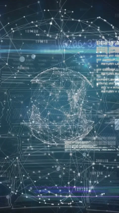 Vertical video: On data start network globe rotating, nodes pulsing, HUD sliding Stock Footage 332806823