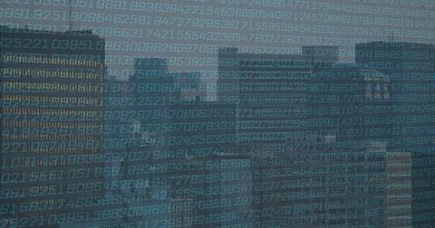 Vertical video: Data stream arriving, teal digits overlaying skyline with lit Stock Illustration