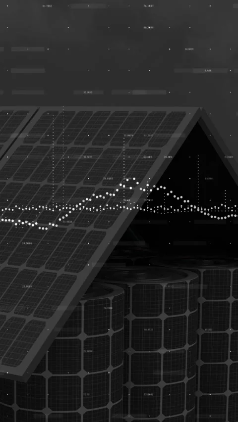 Vertical video: Data stream driving dotted waveform PV roof and cells peaking Stock Footage 332594353