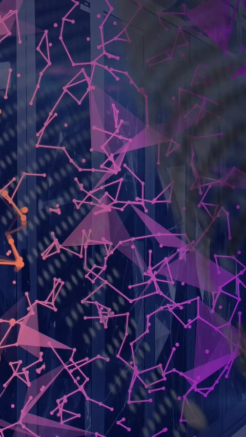 Vertical video: Data stream driving purple node mesh growing over server rack, Stock Footage 333005898
