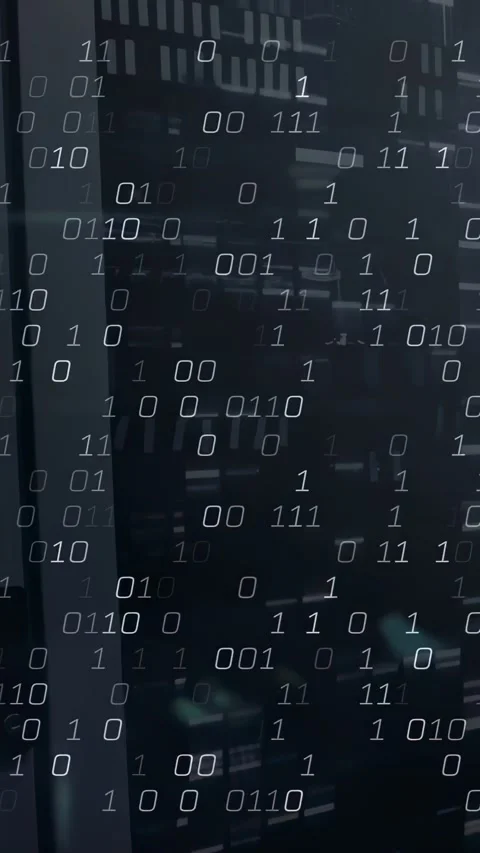 Vertical video: Data stream driving binary overlay across glass rack in data Stock Footage 334319036