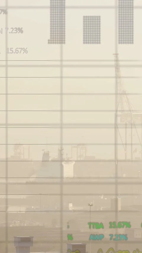 Vertical video: Data stream showing grid, blue rings, rates overlaying ship and Stock Footage 332615074