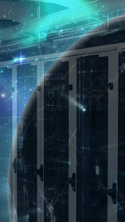 Vertical video: Data stream starting holo planet rotating in data hub, casting Stock Footage 332594872