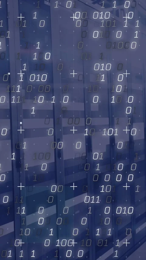 Vertical video: On data surge binary stream rising and brightening over racks, Stock Footage 333157268