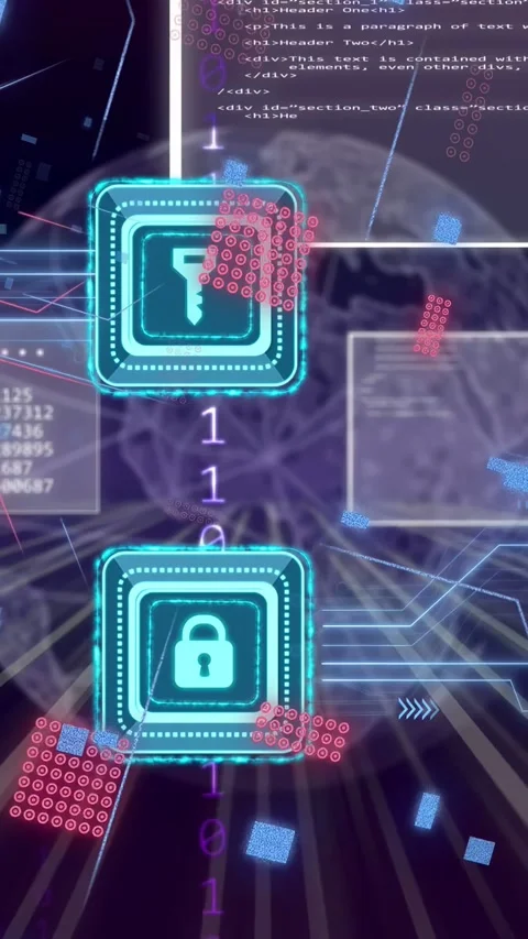 Vertical video: Data surge causing cyan key padlock icons pulsing, binary Stock Footage 334771037