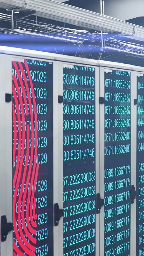 Vertical video: On data sync racks showing numbers, sweeping layers, fingerprint Stock Footage 332775153