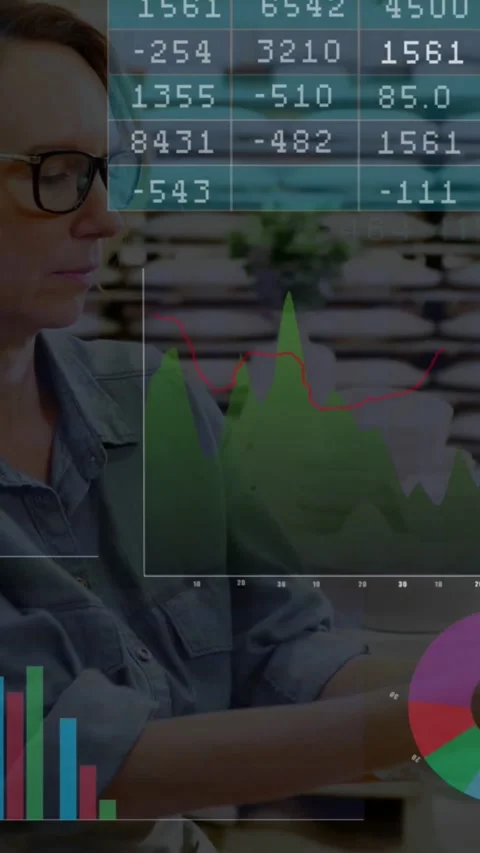 Vertical video: Data table appearing woman using tablet in cafe managing moving Stock Footage 334604693