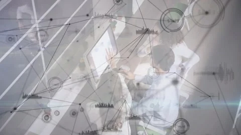 Vertical video: Data team leaning at screen, mouse input sparking nodes overlay Stock Footage 331047956