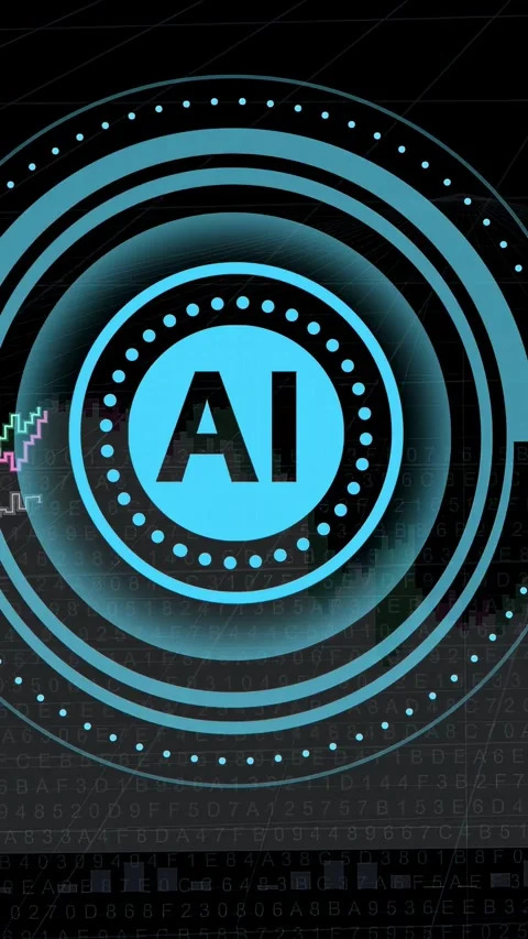 Vertical video: On data tick cyan AI logo pulsing, charts rising from left Stock Footage 335355832