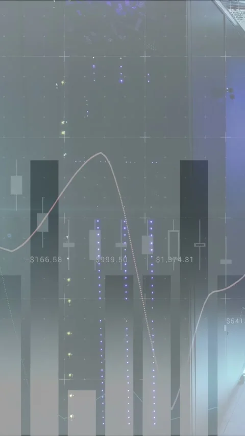Vertical video: On data tick finance chart updating bars moving trend line Stock Footage 340133350