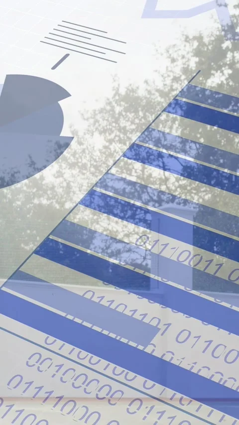 Vertical video: Data UI expanding, male raising arm toward window as bars and Stock Footage 333157817