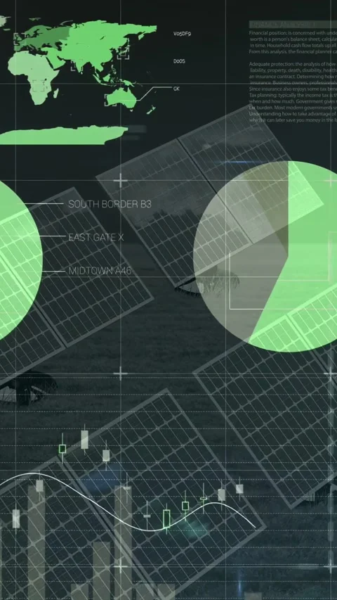 Vertical video: On data update HUD over solar panels animating charts and pct Stock Footage 334544114