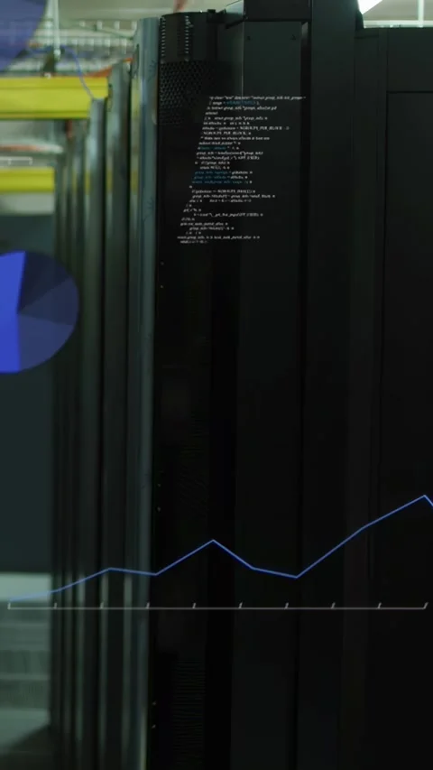 Vertical video: On data update server rack showing rising line, sliding pies, Stockbeeldmateriaal 332775356