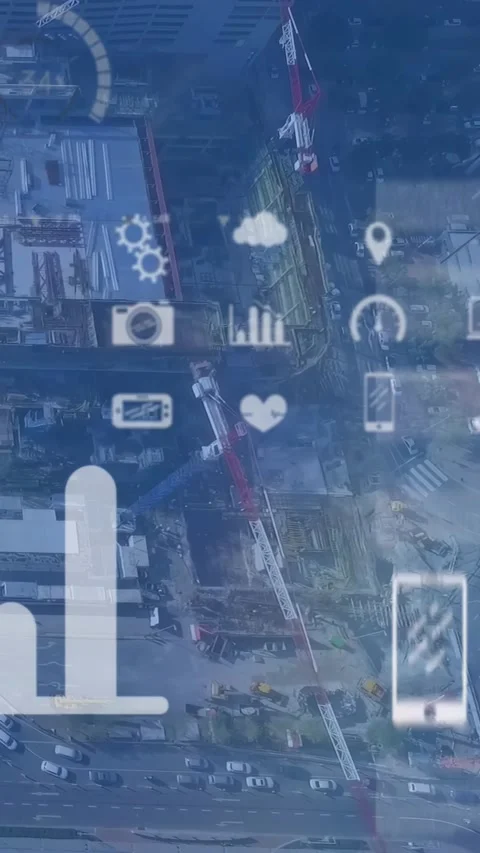 Vertical video: On data update UI overlay moving charts rising cam panning Stock Footage 330195985