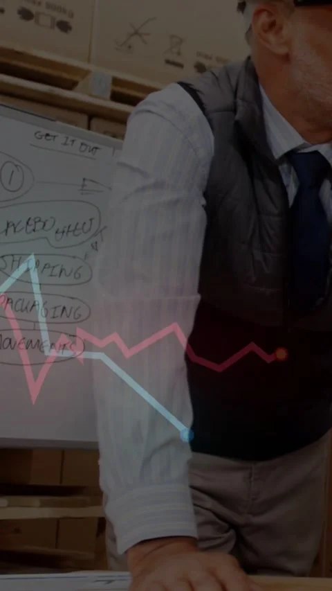 Vertical video: On data update, warehouse lead leaning, watching neon graphs Stock Footage 334550491