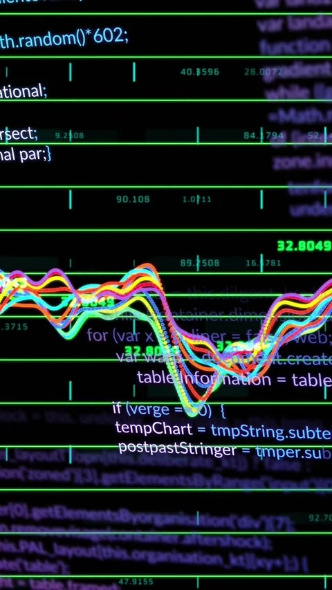 Vertical video: On data update waves shifting and splitting over scrolling code, Stock Footage 328633178